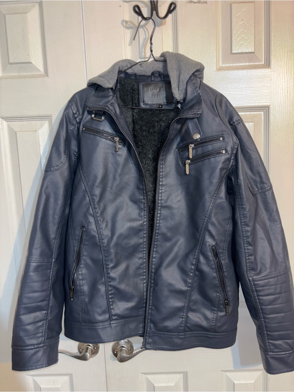 Men's Navy Faux Leather Bomber Jacket with Removable Hood